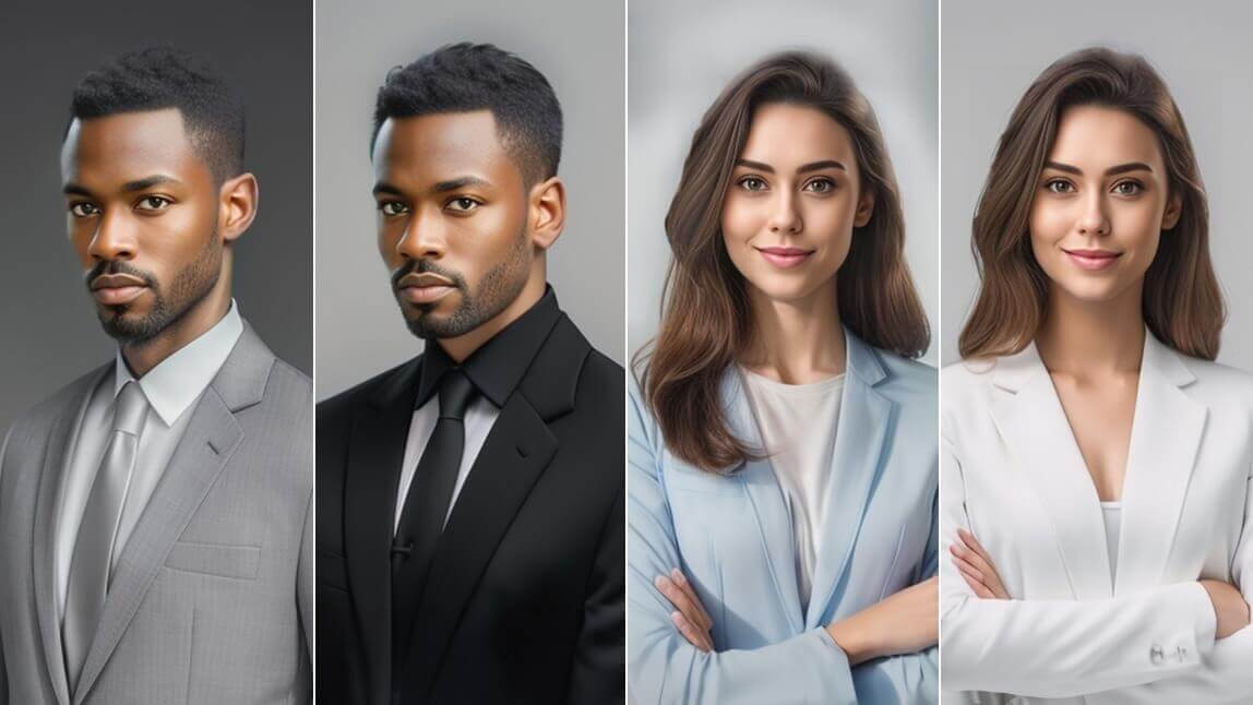 Montagem de fotos profissionais de um homem e uma mulher, geradas por IA para transformar uma foto comum em uma foto de perfil profissional.