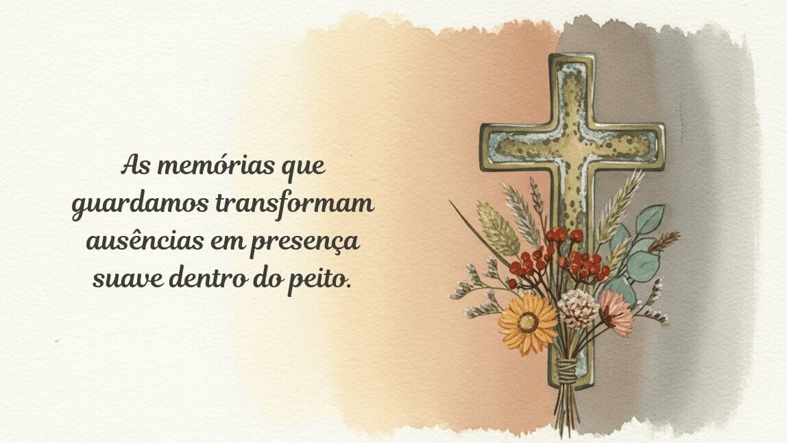 Homenagem de Dia de Finados . A ilustração em aquarela mostra uma cruz com um arranjo de flores, transmitindo uma mensagem de paz, luto e lembrança.