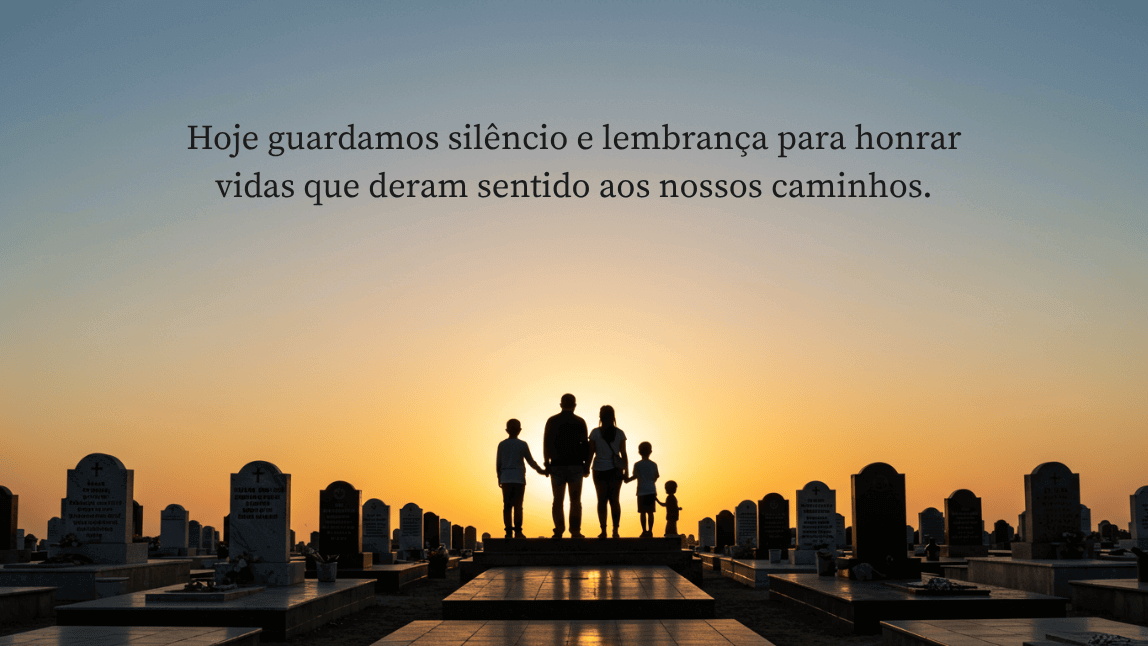 Imagem de homenagem para o Dia de Finados com a frase 'Hoje guardamos silêncio e lembrança para honrar vidas que deram sentido aos nossos caminhos' e silhueta de uma família ao pôr do sol.