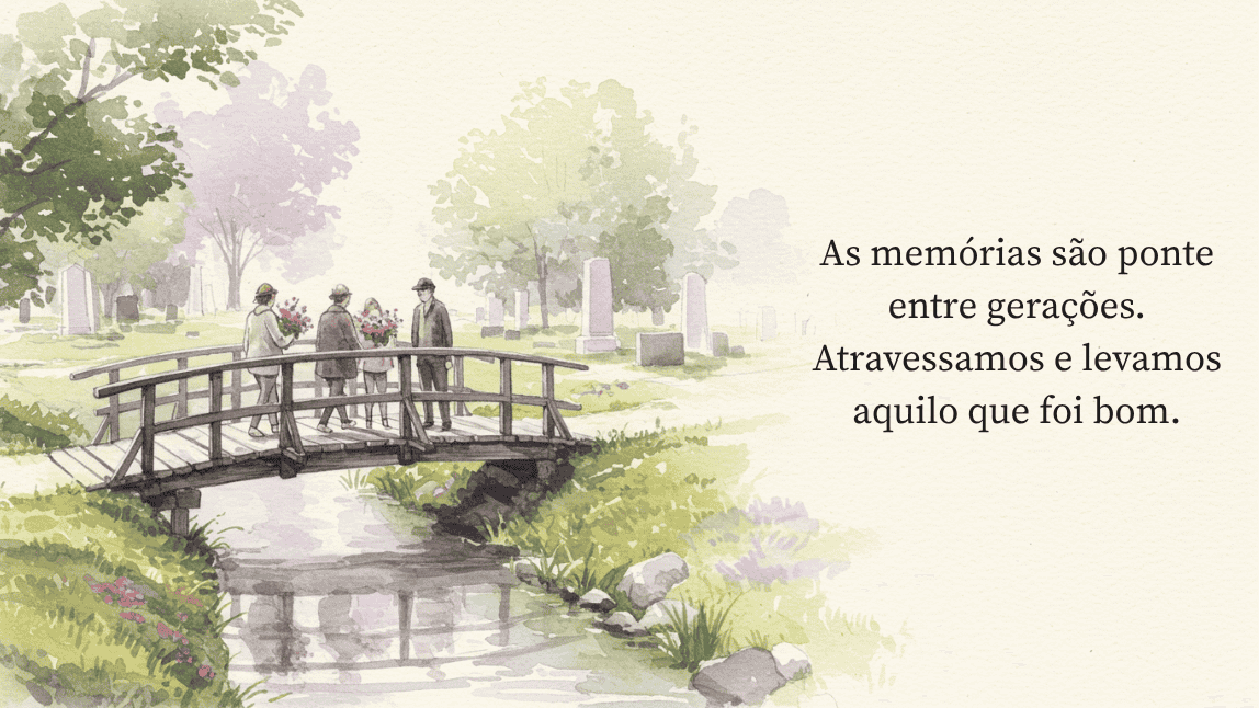 Imagem para o Dia de Finados com a frase sobre legado 'As memórias são ponte entre gerações. Atravessamos e levamos aquilo que foi bom', com ilustração de uma família em uma ponte.