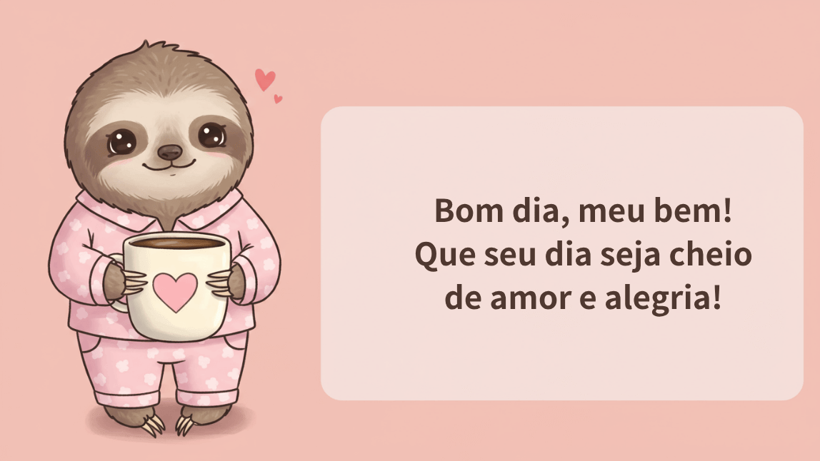 Desenho de um bicho-preguiça de pijama segurando uma caneca com um coração. A frase de bom dia é: "Bom dia, meu bem! Que seu dia seja cheio de amor e alegria!"