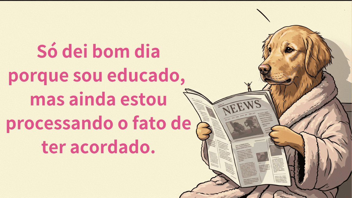 Desenho de um cachorro Golden Retriever de roupão, lendo um jornal com uma expressão sonolenta. A mensagem de bom dia diz: "Só dei bom dia porque sou educado, mas ainda estou processando o fato de ter acordado."
