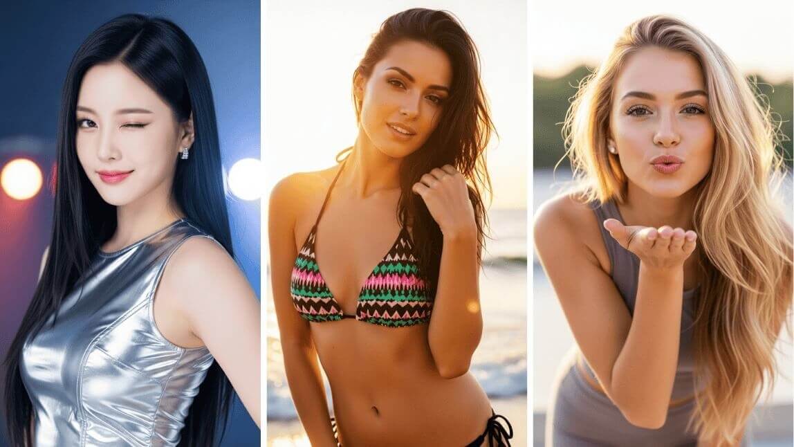 Colagem de três mulheres geradas por IA: uma mulher asiática piscando com cabelo escuro e blusa prateada, uma mulher de biquíni na praia ao pôr do sol, e uma mulher loira mandando um beijo.