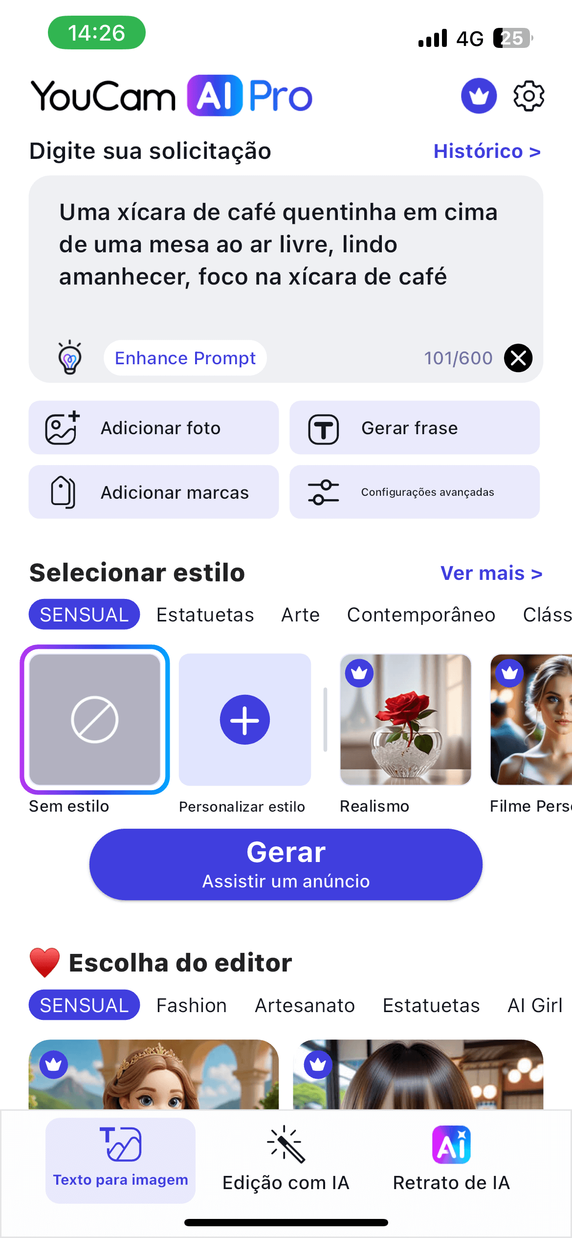 Interface do YouCam AI Pro para gerar imagens religiosas a partir de um comando de texto. Interface do gerador de imagens IA YouCam AI Pro para criar imagens religiosas com um prompt de texto.