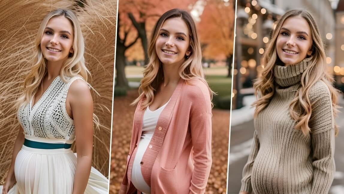 Mulher grávida em três looks diferentes para um ensaio gestante feito com inteligência artificial.