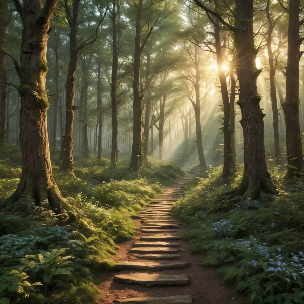 Inspiração para mensagem romântica de bom dia com floresta encantada. Inspiração para mensagem romântica de bom dia: caminho de luz em floresta mágica.