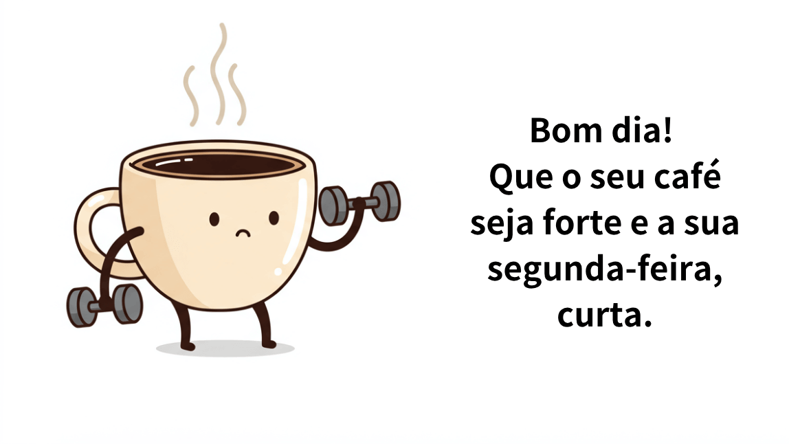 Desenho de uma xícara de café com um rostinho, levantando pesos de academia. A mensagem de bom dia para a segunda-feira diz: "Que o seu café seja forte e a sua segunda-feira, curta."