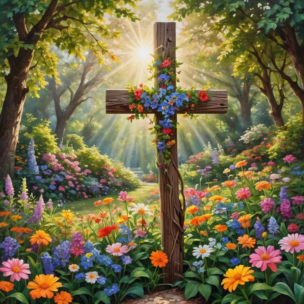 Exemplo de imagens religiosas de bom dia com cruz florida. Imagem religiosa de bom dia com uma cruz de madeira florida em um jardim, gerada por IA.