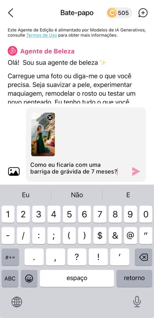 Interface do Agente de Beleza, a assistente com inteligência artificial do app YouCam Makeup, sendo usada para simular como a usuária ficaria com uma barriga de grávida.