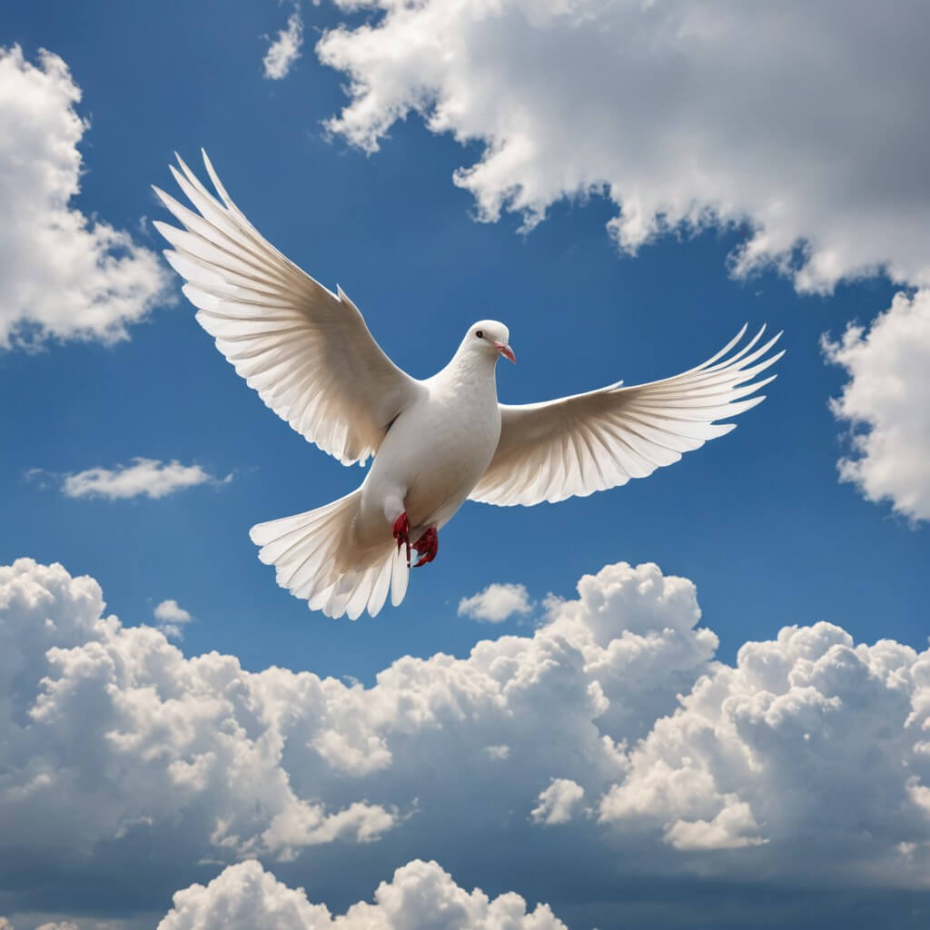 Imagem de bom dia com versículos bíblicos, mostrando uma pomba branca. Imagem de bom dia para acompanhar versículos bíblicos: pomba branca voando no céu.