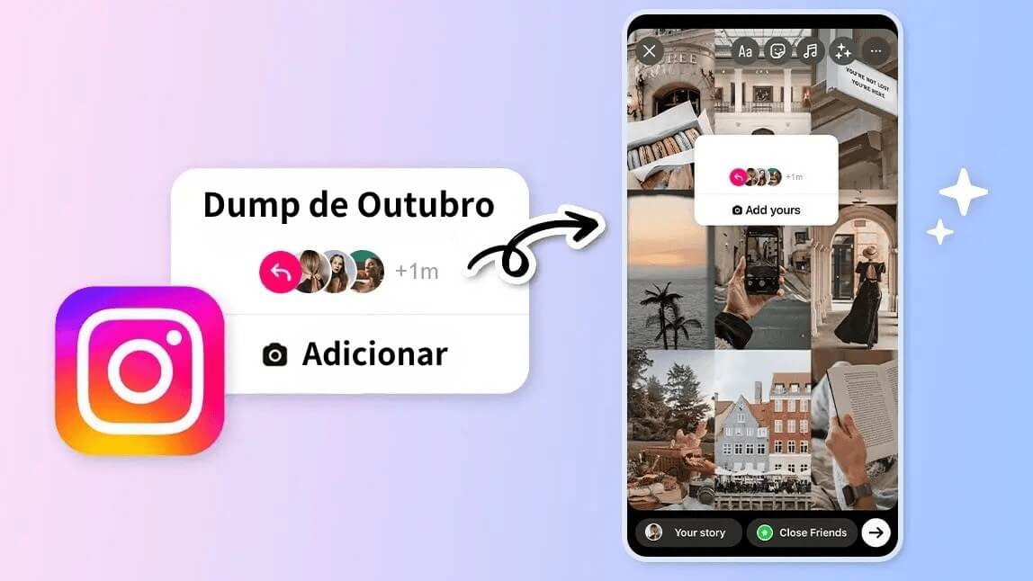 Uma imagem que ilustra o recurso "Adicionar" do Instagram, com o texto "Dump de Outubro" e várias fotos dispostas em um formato de grade, ideal para um 'dump' de Outubro.