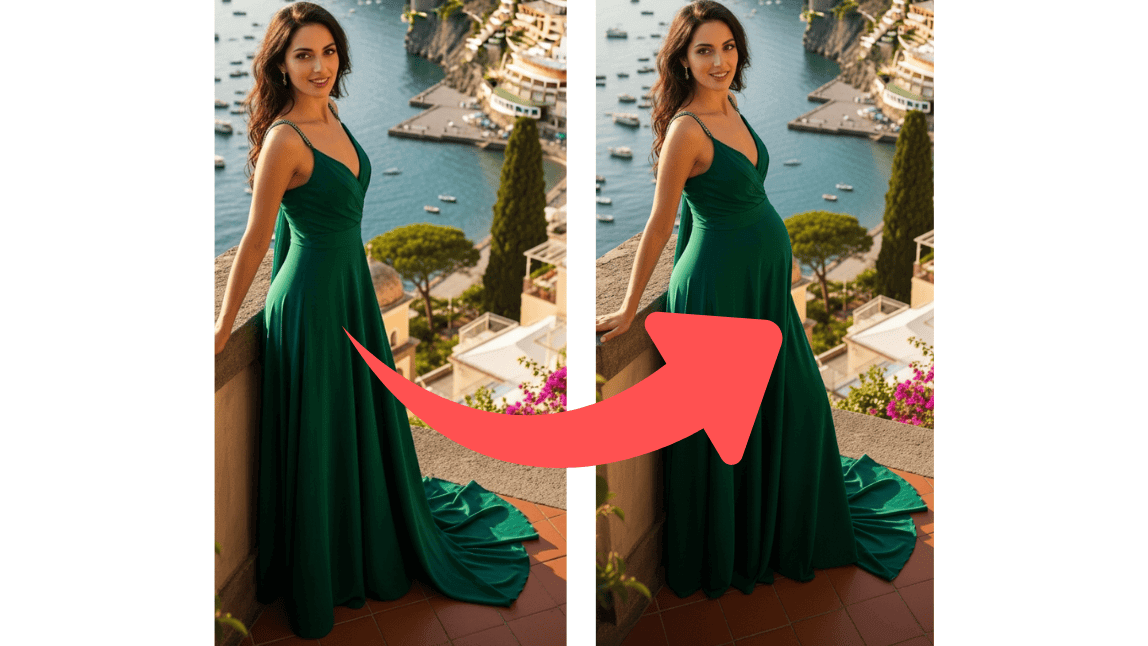 Montagem de uma mulher antes e depois de usar o agente de beleza do YouCam Makeup para simular gravidez.