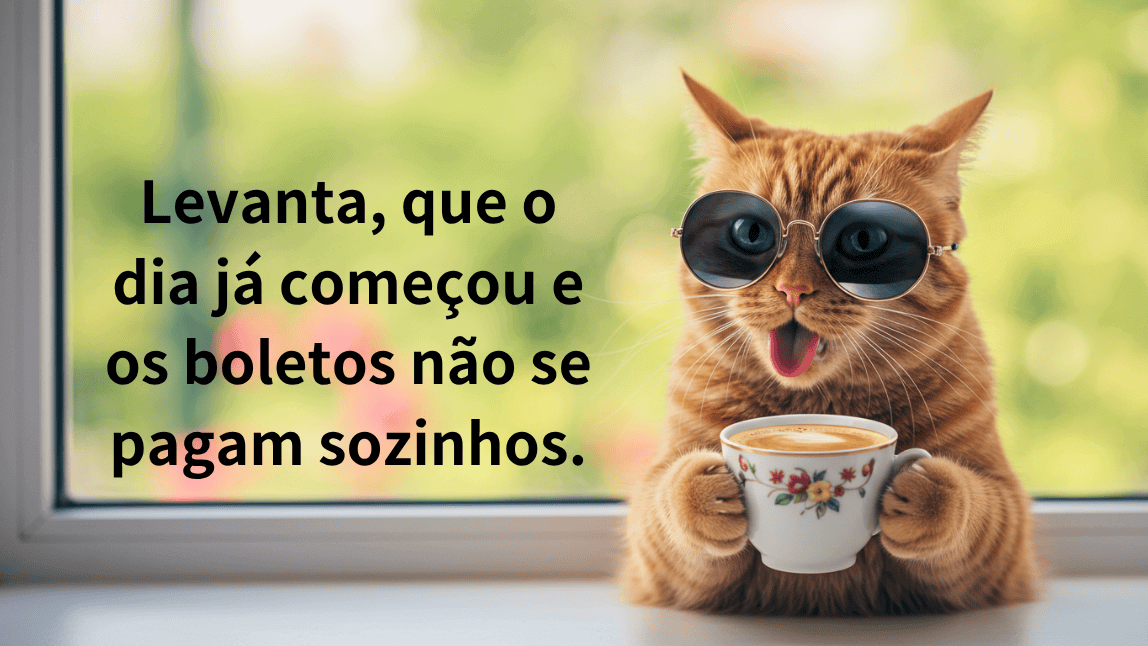 Gato laranja usando óculos de sol e segurando uma xícara de café. A frase engraçada de bom dia é: "Levanta, que o dia já começou e os boletos não se pagam sozinhos."