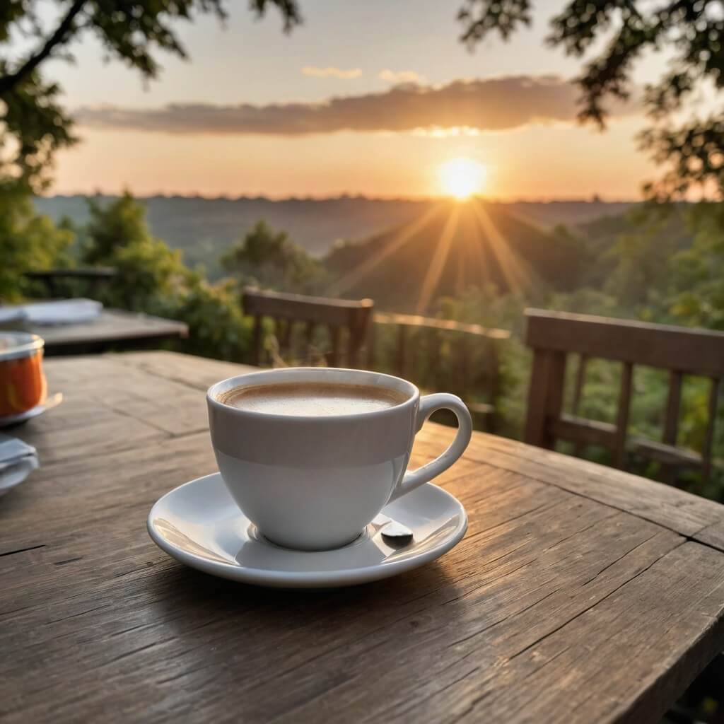 Exemplo de imagem de bom dia gerada por IA: uma xícara de café ao nascer do sol. Imagem de bom dia para WhatsApp gerada por IA: xícara de café ao nascer do sol.