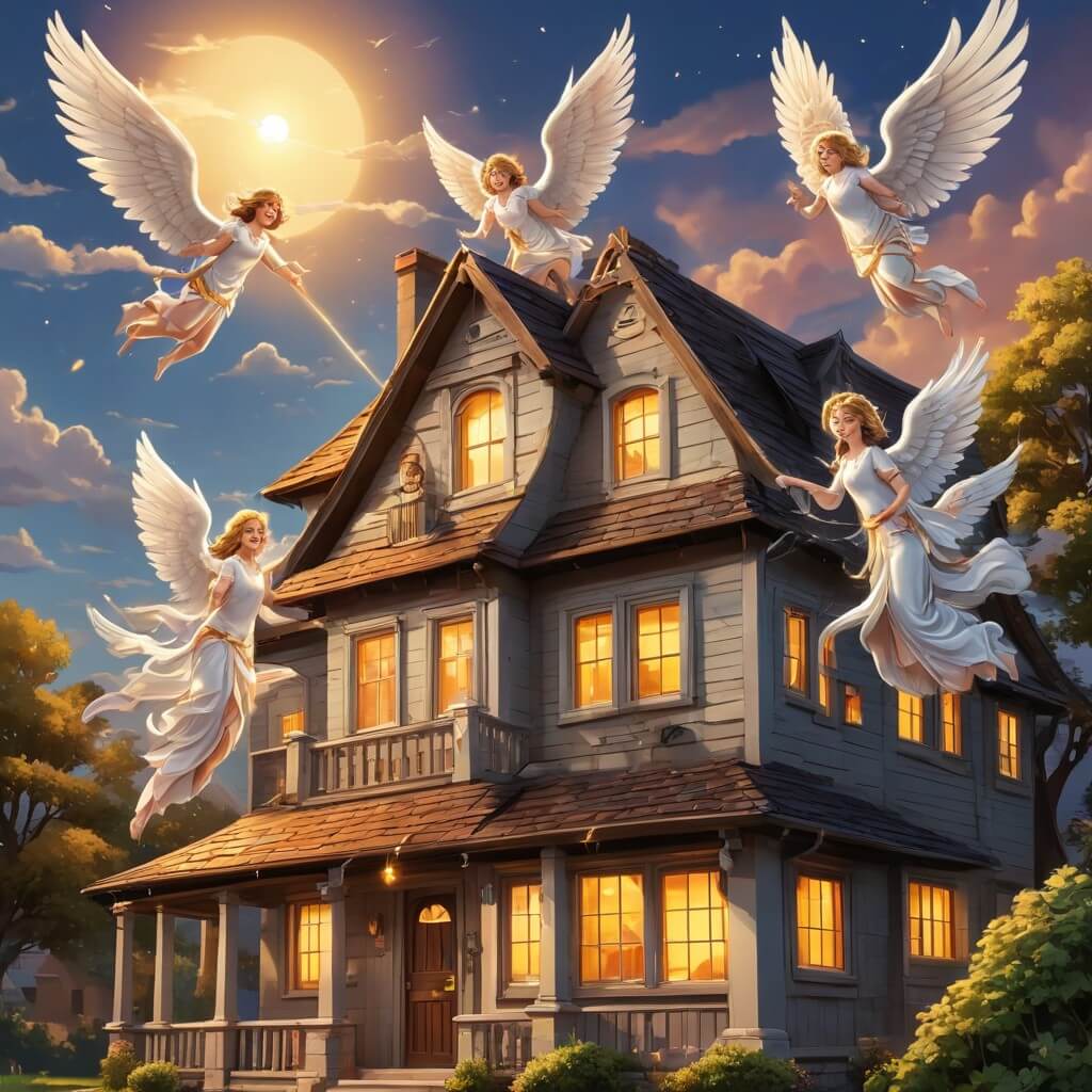 Ideia de mensagens fofas de bom dia com anjos. Mensagens fofas de bom dia para WhatsApp: anjos protegendo uma casa, estilo cartoon.
