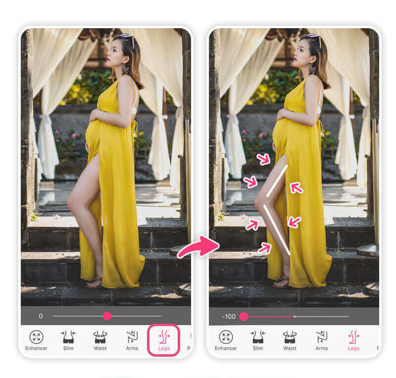 Ferramenta de edição corporal para ajustar a silhueta em fotos de maternidade.