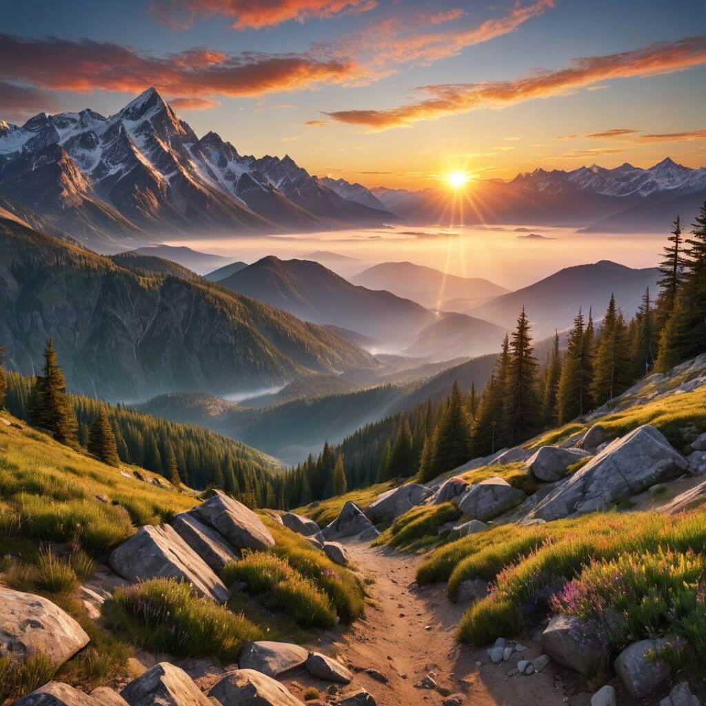 Ideia de frase de bom dia motivacional com imagem de nascer do sol. Exemplo de imagem de bom dia motivacional gerada por IA: nascer do sol nas montanhas.