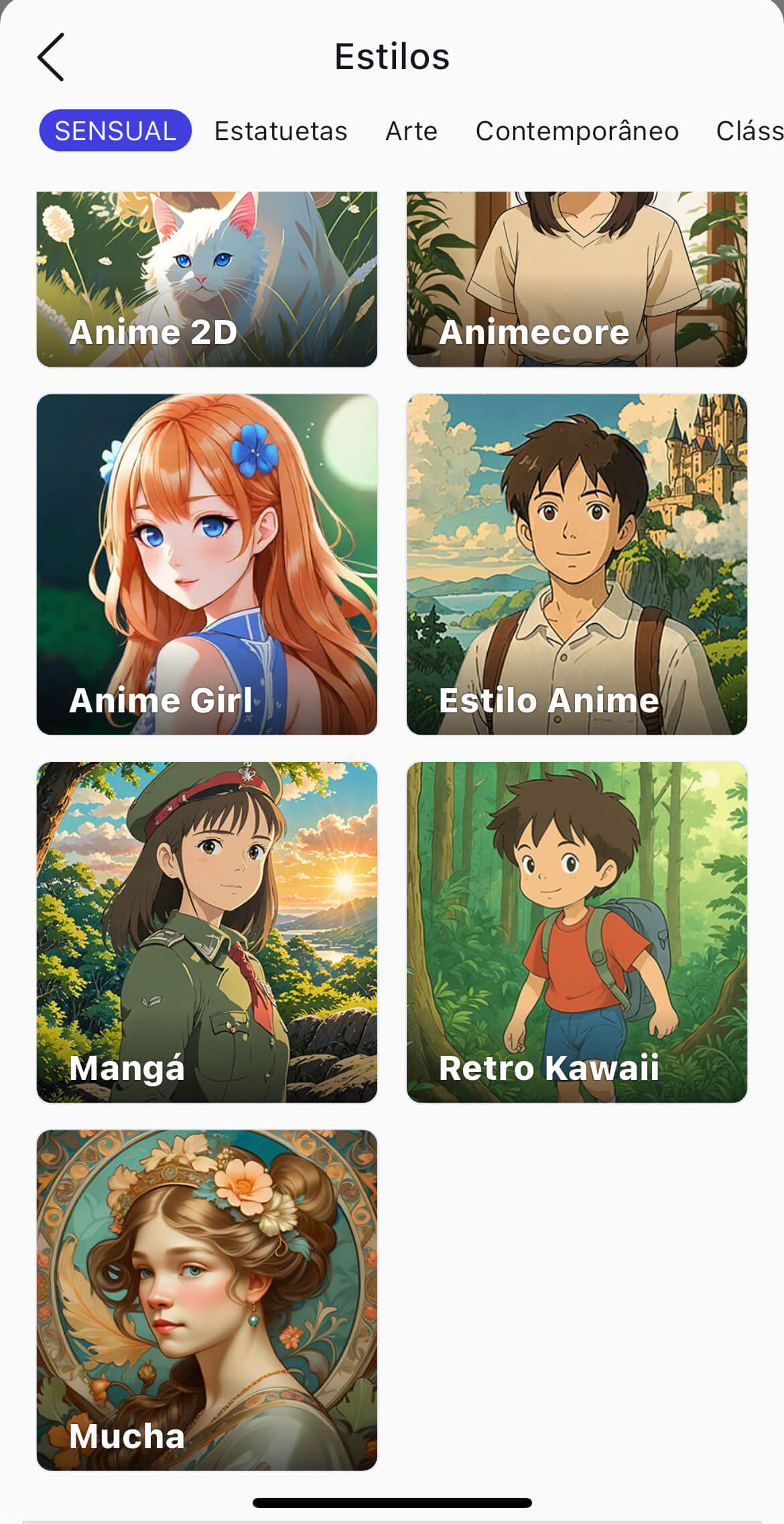 Seleção de estilos no YouCam AI Pro para criar imagens fofas de bom dia. Tela de seleção de estilos de arte no YouCam AI Pro, ideal para criar mensagens fofas de bom dia.