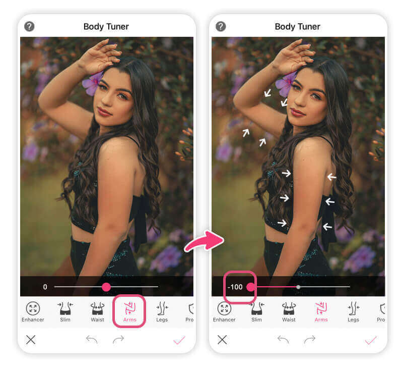Make arms skinnier in photos with the best arm slimming app