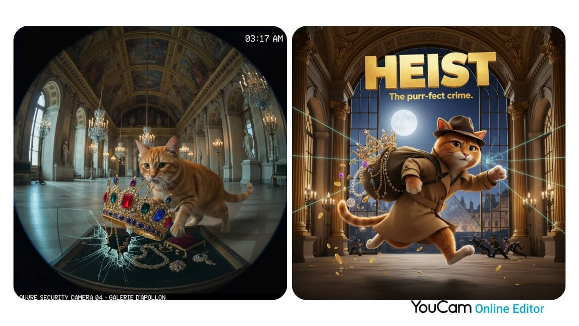 AI-Generated Meme About the Louvre Heist: On the left, a cat is stealing a crown from a display case, seen through a surveillance camera. On the right, a movie poster shows the cat as a master thief escaping with the jewels.