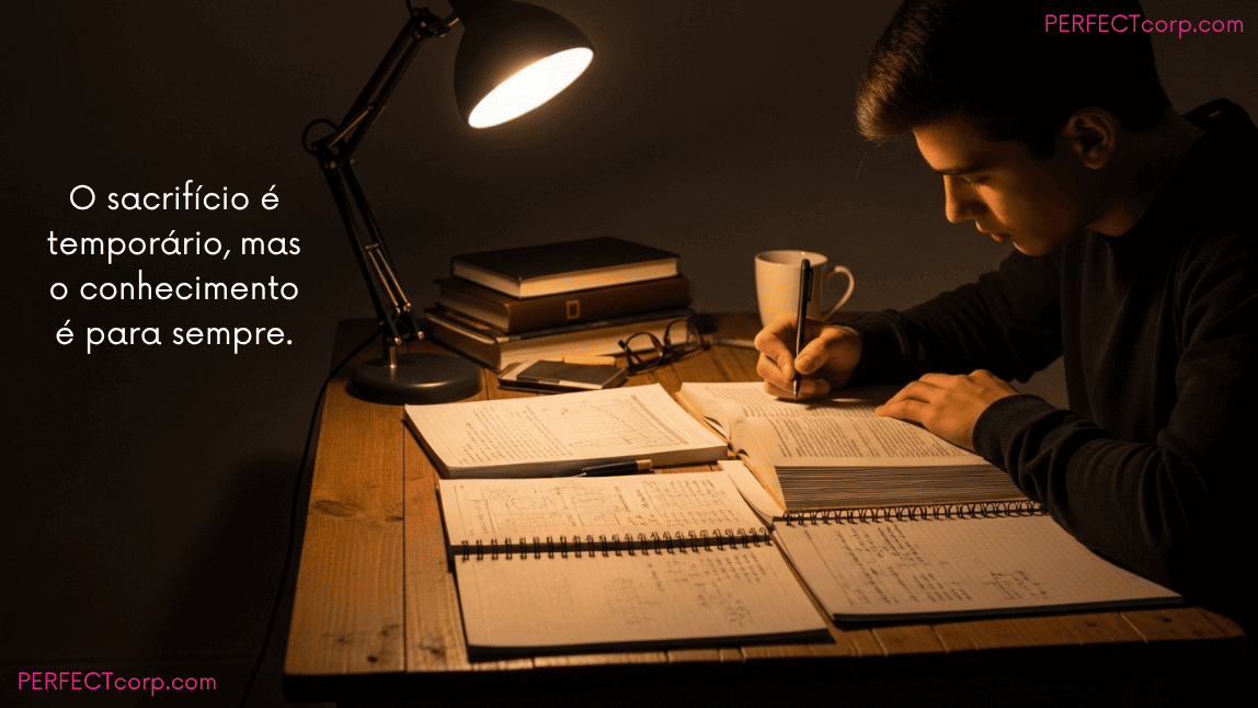Jovem estudando à noite em uma escrivaninha, com a frase de motivação para estudantes: "O sacrifício é temporário, mas o conhecimento é para sempre."