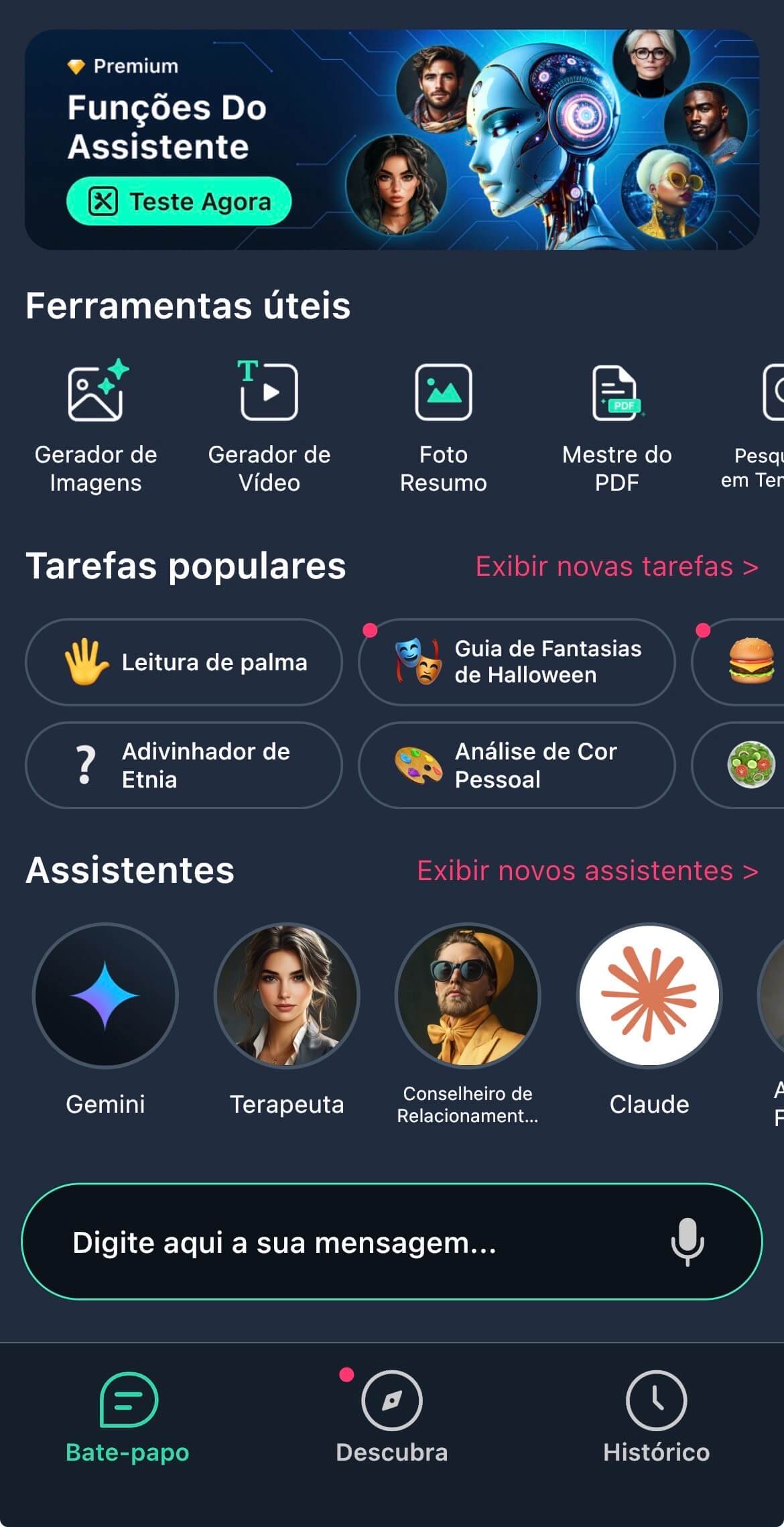 Interface da página inicial do YouCam AI Chat