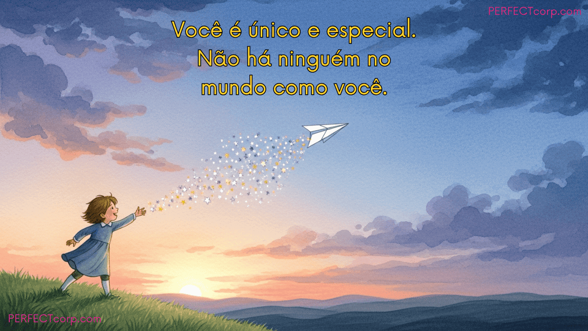 Desenho de uma criança lançando um avião de papel de estrelas, com a mensagem de autoestima: "Você é único e especial. Não há ninguém no mundo como você."