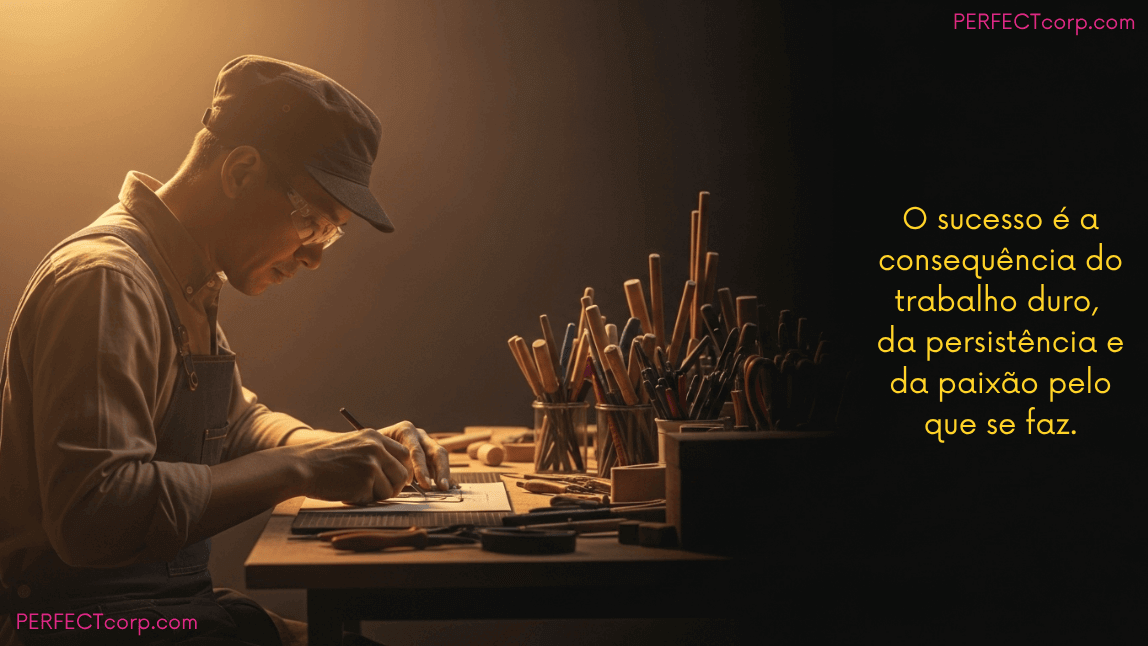 Artesão trabalhando em sua oficina com a frase de empreendedorismo: "O sucesso é a consequência do trabalho duro, da persistência e da paixão pelo que se faz."