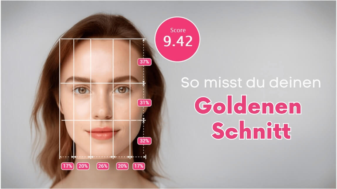 Infografik, die zeigt, wie man den Goldenen Schnitt im Gesicht einer Frau misst, mit einem Analyse-Gitter und einem Beauty-Score.