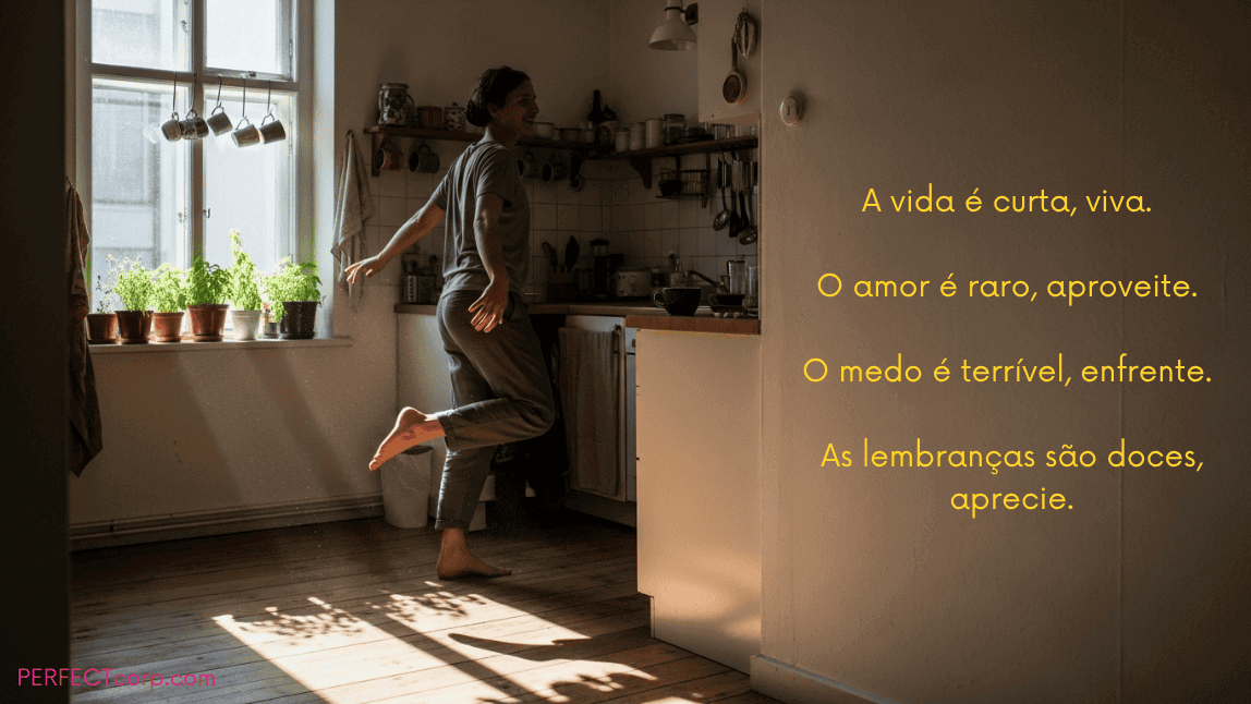Mulher dançando alegremente em uma cozinha iluminada pelo sol, com a frase motivacional sobre aproveitar a vida: "A vida é curta, viva. O amor é raro, aproveite. O medo é terrível, enfrente. As lembranças são doces, aprecie."