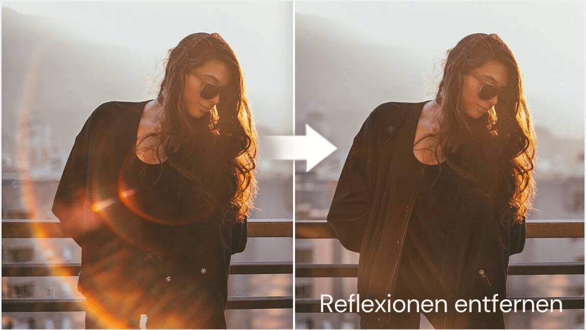 Frau mit Sonnenbrille vor Sonnenuntergang, Blendung im Foto links, KI-basiert entfernt rechts