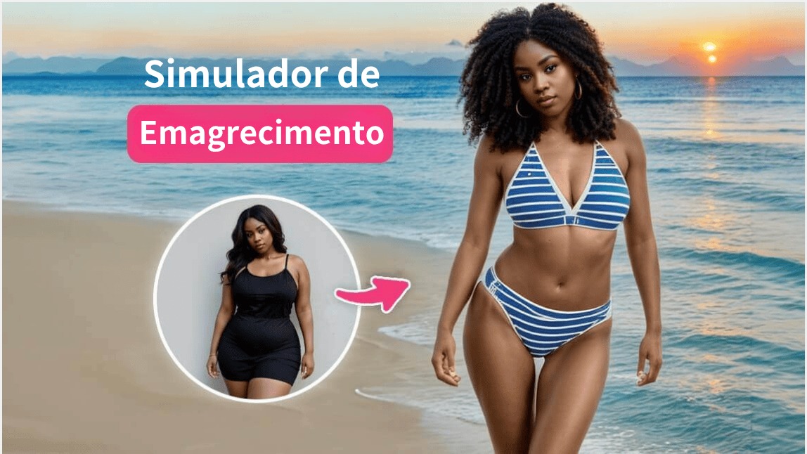 Montagem de antes e depois de uma mulher usando o simulador de emagrecimento com IA para emagrecer a foto, com um fundo de praia ao pôr do sol.