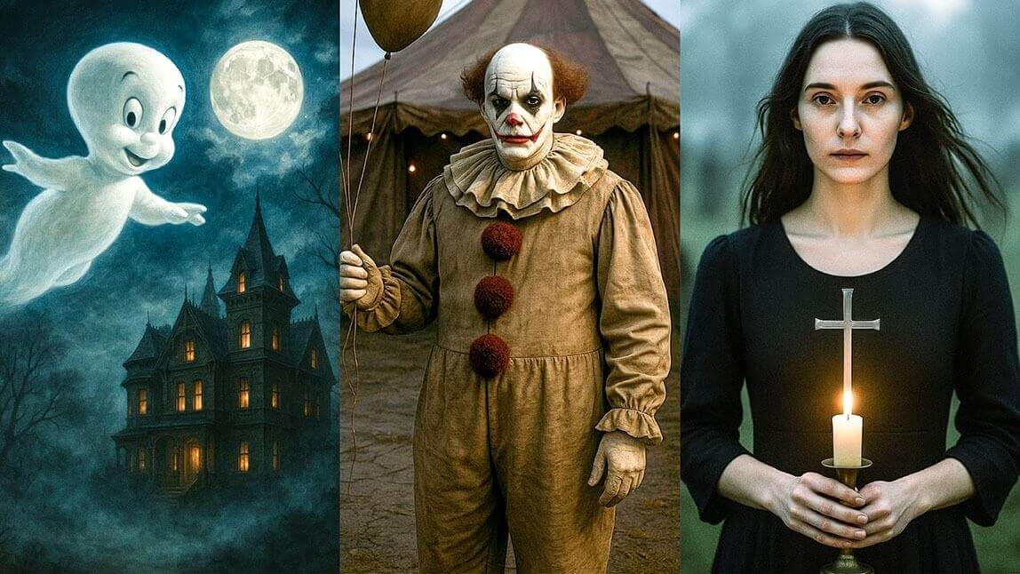 Colagem de fotos de Halloween criadas com prompts de IA, mostrando o fantasma Gasparzinho, um palhaço assustador e uma mulher com uma vela.