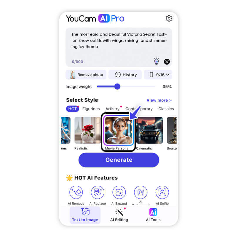 Seleção de estilos no aplicativo, com a opção 'Movie Persona' destacada para o efeito de anjo.