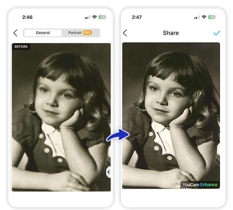Salvar e compartilhar a foto restaurada Tela final do app mostrando a opção para salvar a foto restaurada em alta definição.