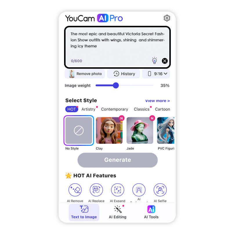 Campo de texto no aplicativo para inserir um prompt e personalizar o filtro de anjo.