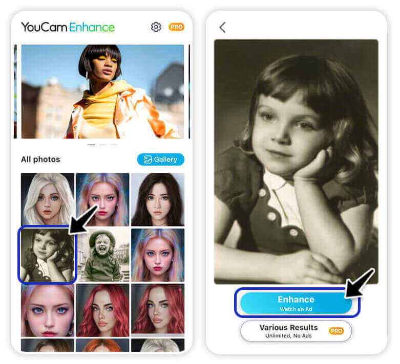 Carregar foto no YouCam Enhance Tela do YouCam Enhance para selecionar uma foto da galeria e iniciar a restauração com IA.