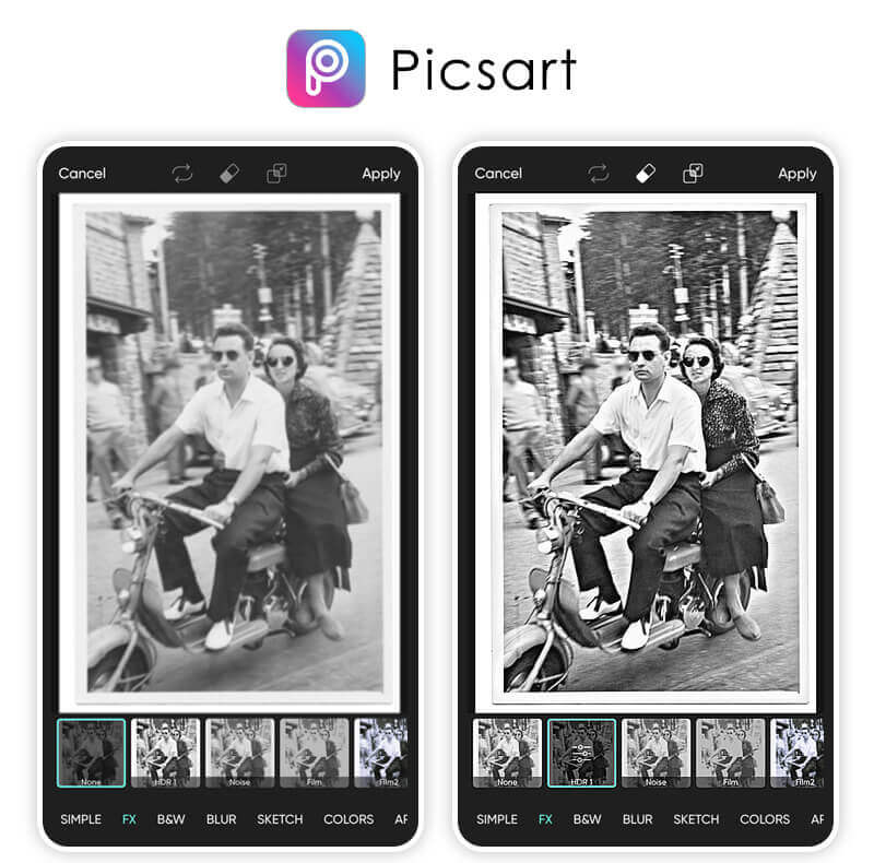 Aplicativo PicsArt com ferramentas de edição de fotos Interface do editor de fotos PicsArt com ferramentas para melhorar a qualidade de fotos antigas.
