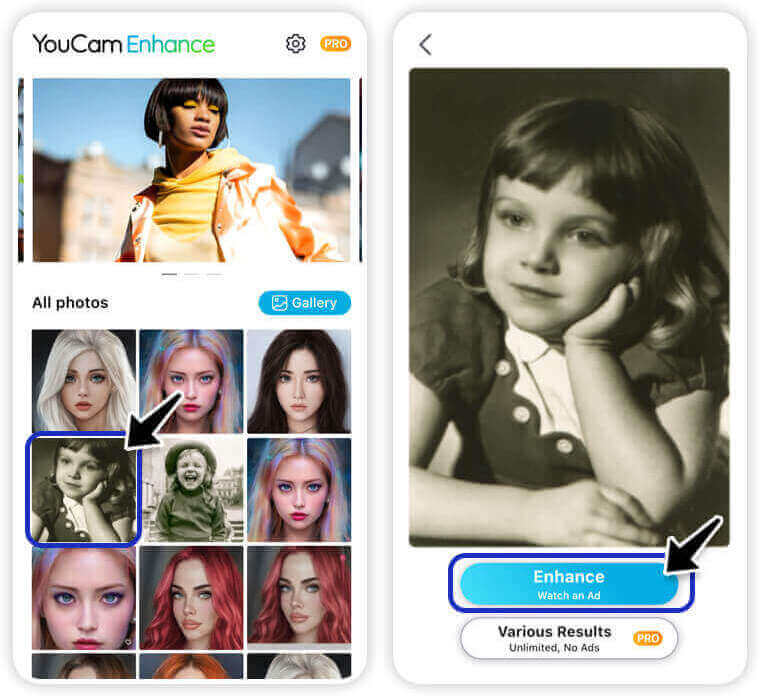 Importez votre photo sur YouCam Enhance Faire une restauration de photo anciennes en ligne gratuit