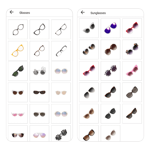 Provador virtual com diferentes armações de óculos femininos.