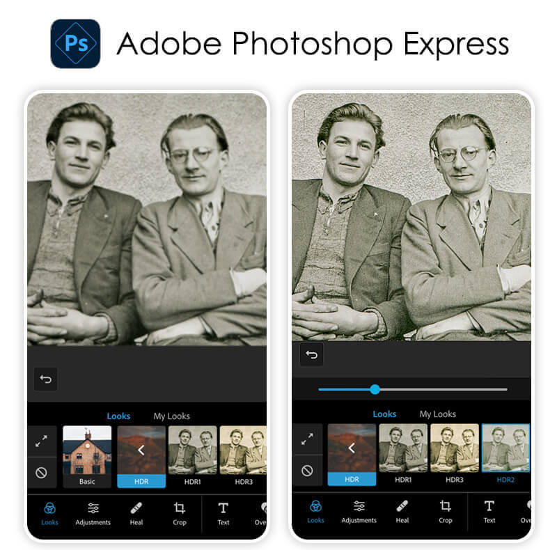 Adobe Photoshop Express para restauração de fotos Foto antiga sendo melhorada no aplicativo Adobe Photoshop Express.