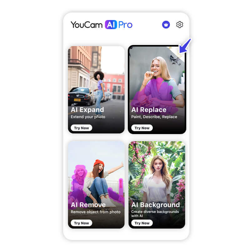 Tela inicial do recurso AI Replace no aplicativo YouCam AI Pro.