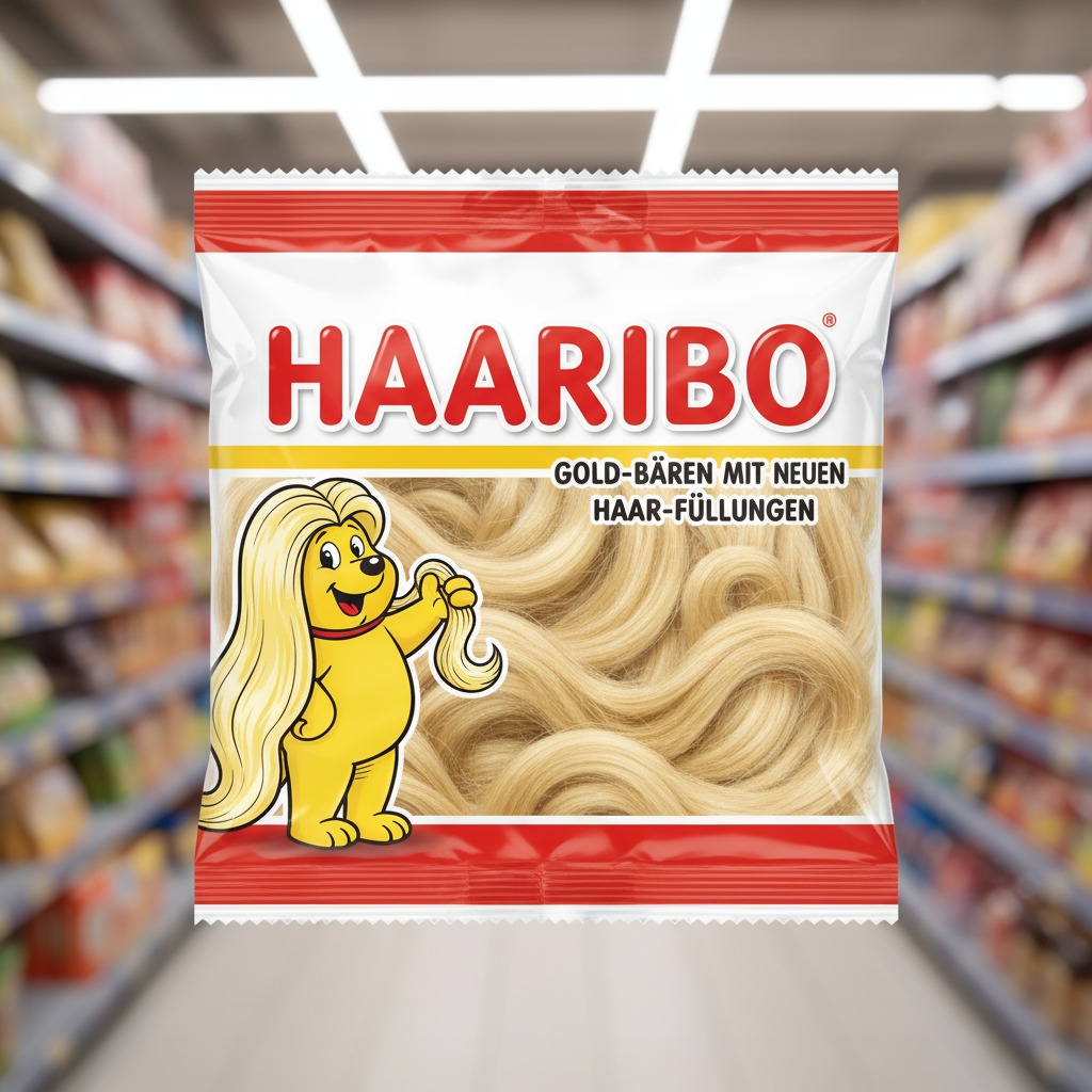 Lustige Haribo-Parodie namens 'Haaribo', eine Packung gefüllt mit blonden Haaren, erstellt mit einem KI-Bildgenerator.