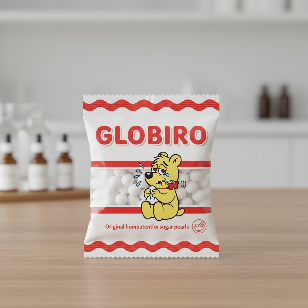 Haribo-Parodie als Homöopathie namens 'Globiro', gefüllt mit weißen Zuckerperlen.