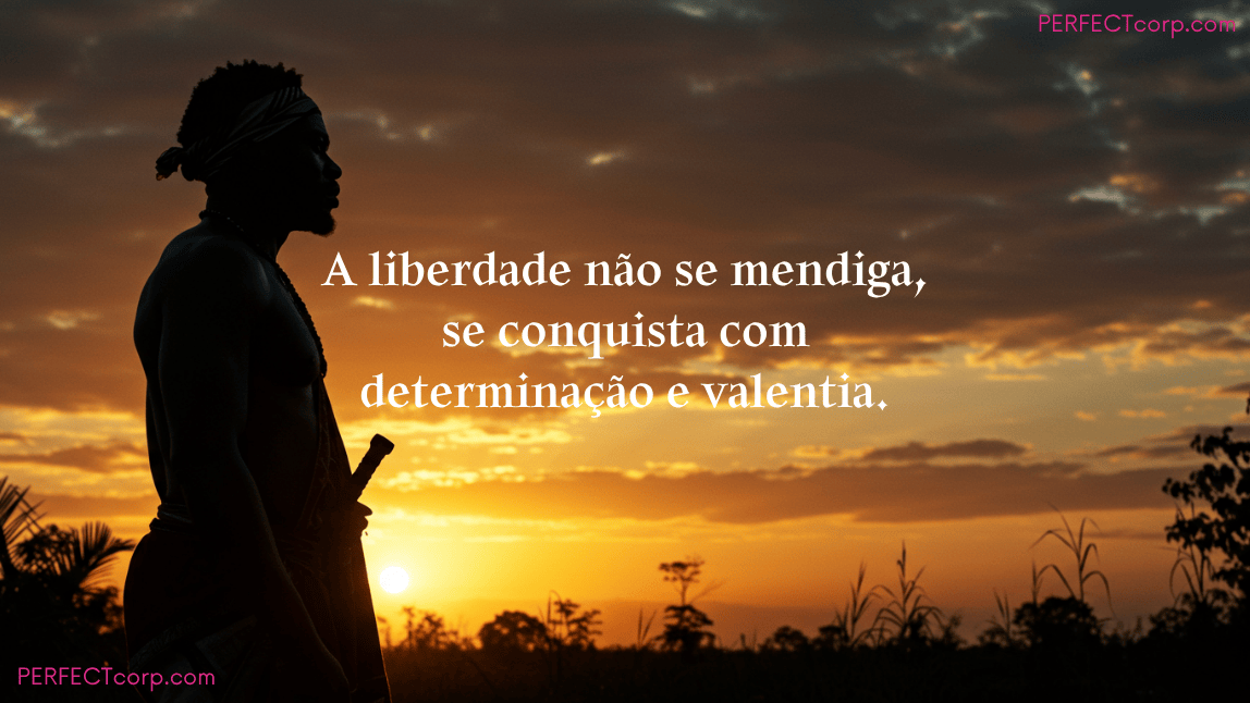 Silhueta de um guerreiro negro, remetendo a Zumbi dos Palmares, ao pôr do sol, com a frase sobre liberdade: "A liberdade não se mendiga, se conquista com determinação e valentia."