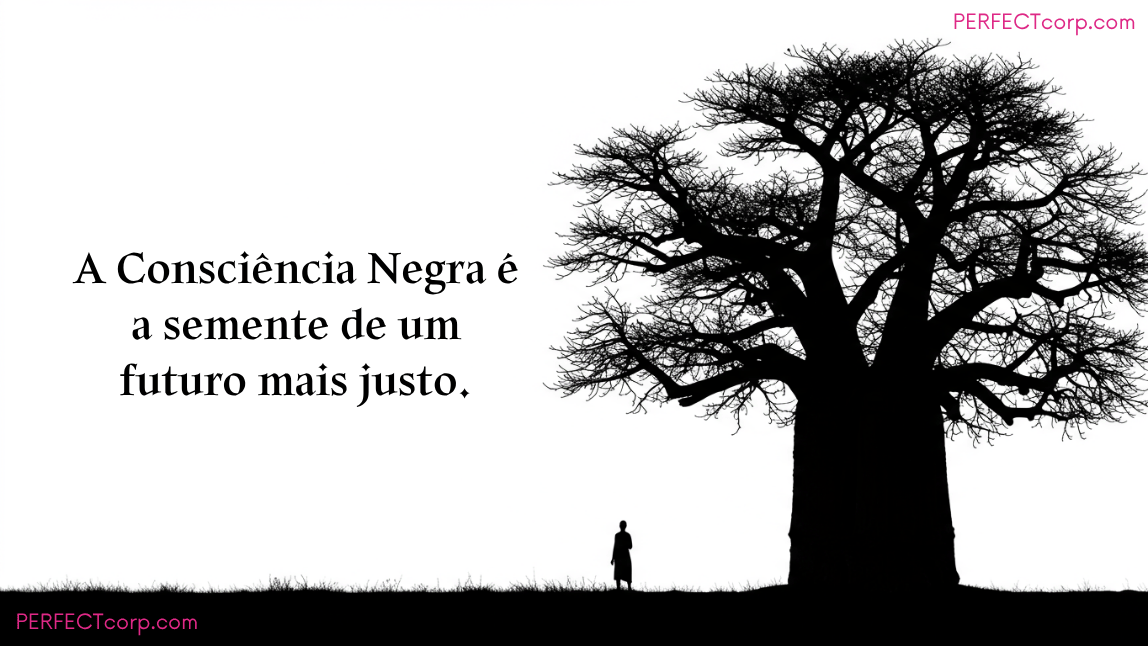 Silhueta de uma árvore Baobá, símbolo de ancestralidade, com a frase "A Consciência Negra é a semente de um futuro mais justo", ideal para mensagens e reflexões do Dia da Consciência Negra.