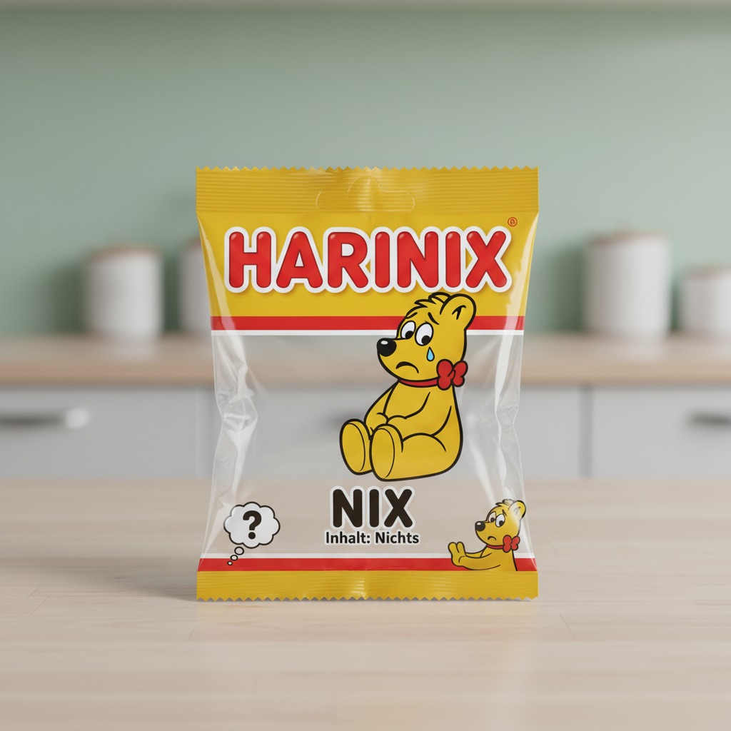 Haribo-Meme namens 'Harinix', eine leere Verpackung mit einem traurigen Goldbären.