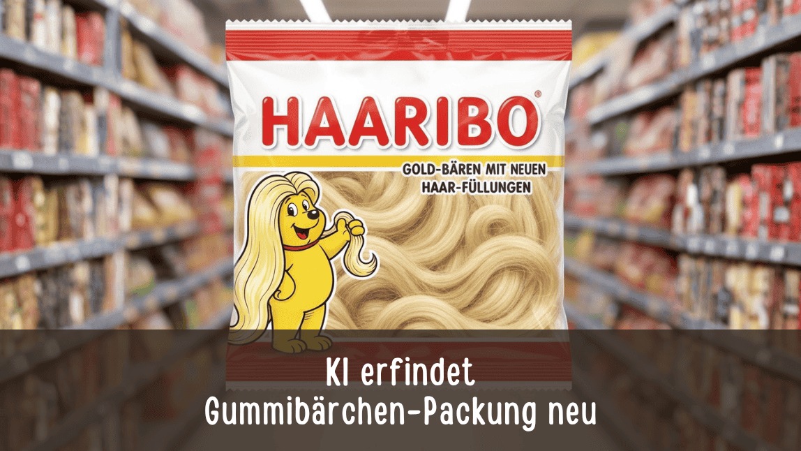 Haribo-Parodie mit Gummibärchen-Tüte gefüllt mit blonden Haaren