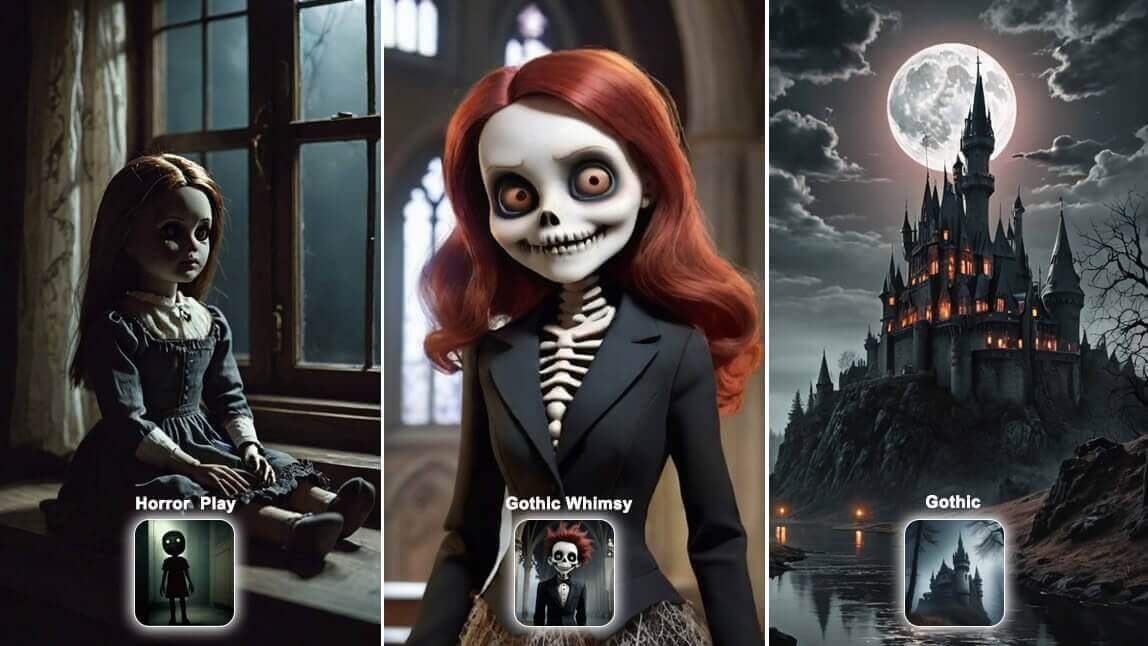 Drei mit einem KI-Generator erstellte Gruselbilder in den Stilen Horror, Gothic Whimsy und Gothic.