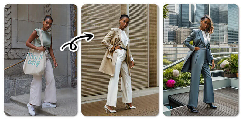 Transformação de look com app de IA para roupas Antes e depois de uma pessoa usando um app para montar looks com IA, mudando de roupa casual para ternos formais.